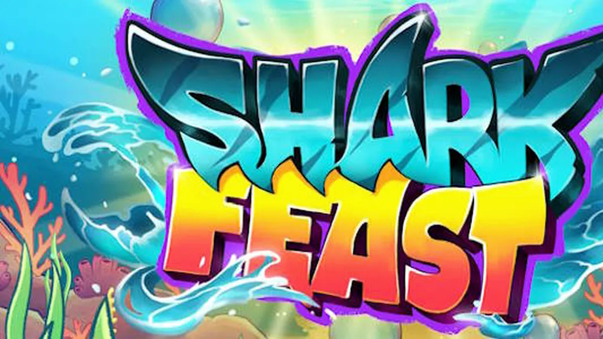 Cena vibrante e subaquática do jogo Shark Feast com luzes neon e vida marinha.